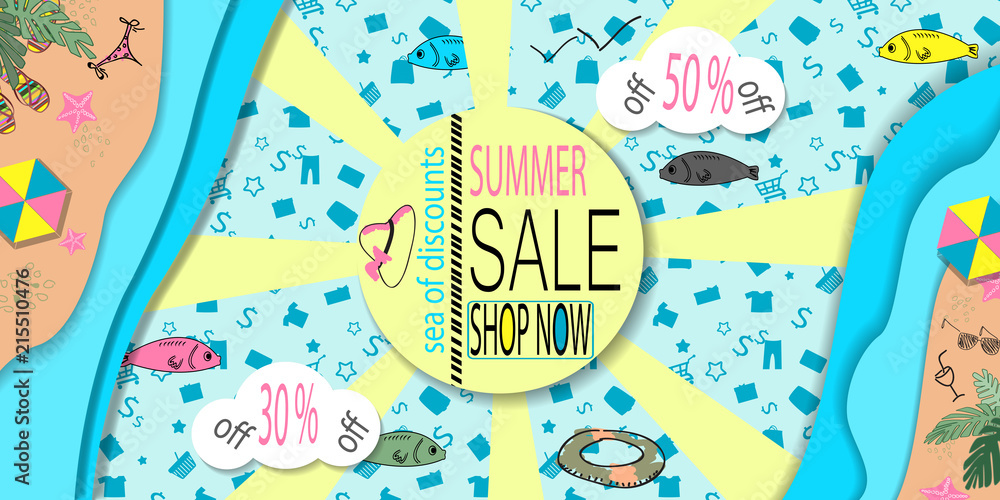 Naklejka premium Summer sale banner design with tropical beach top view background