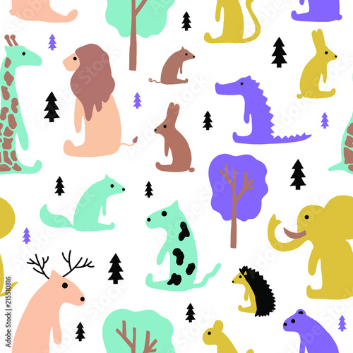 Hand drawn vector cute cartoon colorful seamless pattern animal and tree on the white background for baby design textile  cloth  apparel or decoration