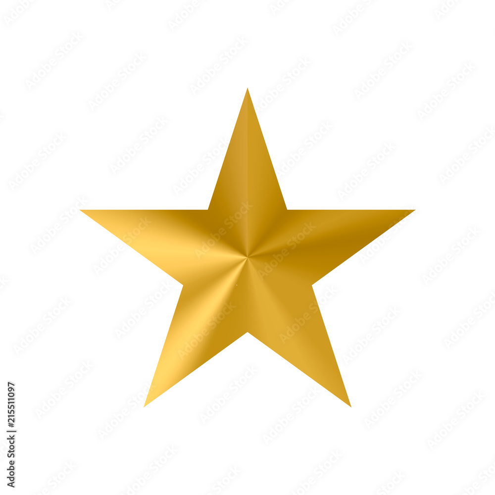 Metallic gold star isolated on white background. Simple golden star icon. Foil effect vector illustration. Christmas decoration. Convex shape with gradient.