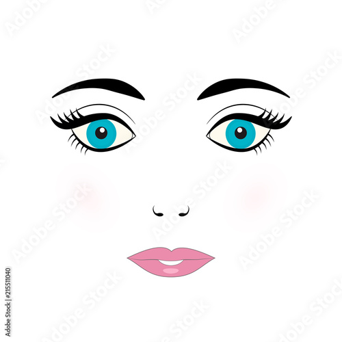 Cute young woman face vector illustration. Doll face with blue eyes, eyelashes, eyebrows and pink lips on white background.