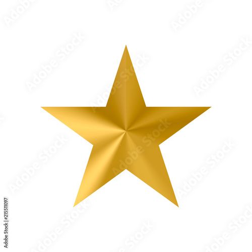 Metallic gold star isolated on white background. Simple golden star icon. Foil effect vector illustration. Christmas decoration. Convex shape with gradient.