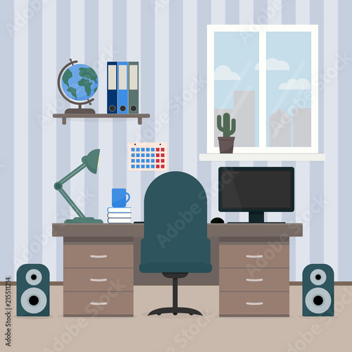 The interior room of a teenager. Workplace of the student. Desktop with computer, shelves with books and globe. Concept of education and home office. Flat vector illustration.