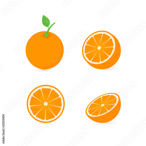 Set of four fresh oranges different views: whole, half, slice.  Natural organic fruits isolated on white background. Flat vector illustration.