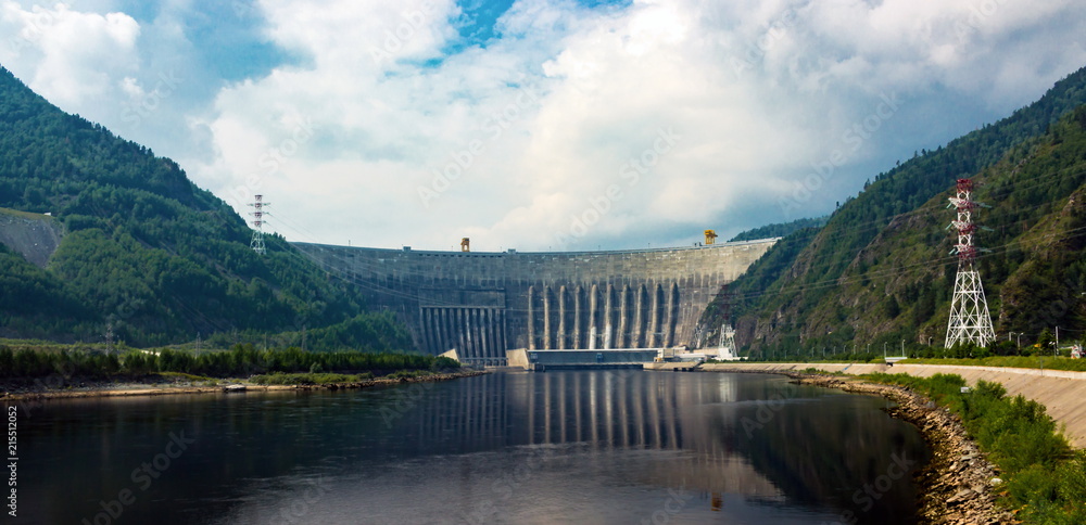 Sayano-Shushenskaya Dam (hydropower plant) in vintage style.