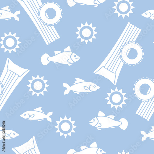 Pattern with fish, sun, inflatable mattress.
