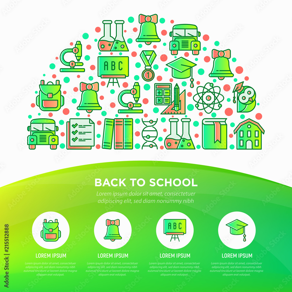 Back to school concept in half circle with thin line icons: backpack, bell, book, microscope, knowledge, owl, graduation cap, bus, chemistry, mathematics. Modern vector illustration, web page template