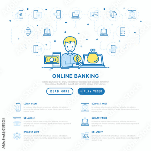 Online banking concept: man using online wallet on laptop and internet bank on mobile phone. Vector illustration, web page template.
