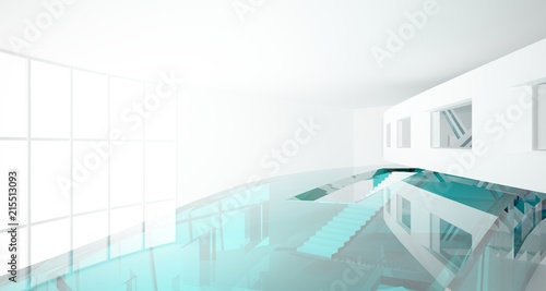 Abstract white and colored gradient glasses interior multilevel public space with window. 3D illustration and rendering.