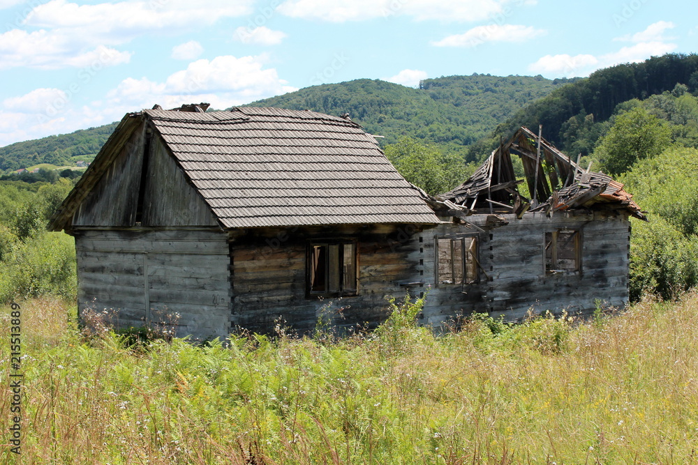 Old wooden house ruins with partially broken and fallen roof, missing windows and dilapidated wooden boards surrounded with tall uncut grass with forest vegetation and cloudy blue sky in background Old wooden house ruins with partially broken and fallen roof, missing windows and dilapidated wooden boards surrounded with tall uncut grass with forest vegetation and cloudy blue sky in background