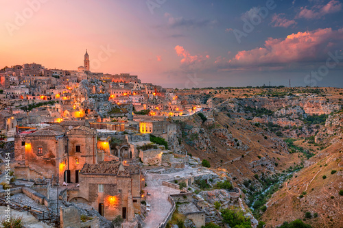 Matera, Italy. Cityscape aerial image of medieval city of Matera, Italy during beautiful sunset.
