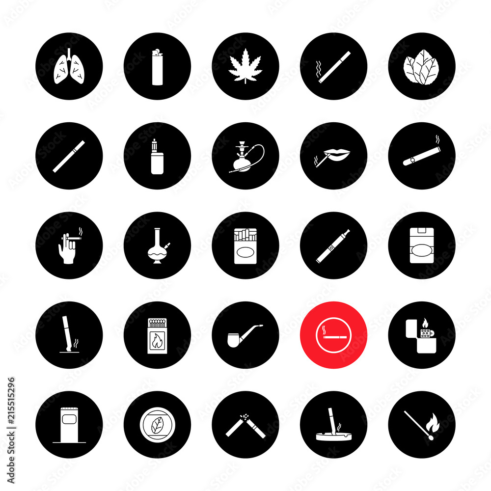 Smoking glyph icons set Smoking glyph icons set