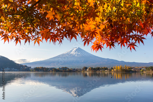 Japan Autumn Season and Fuji Mountain at beautiful sunrise and red leaves at lake Kawaguchiko,Japan. Mount Fuji is one of the best places in Japan.
