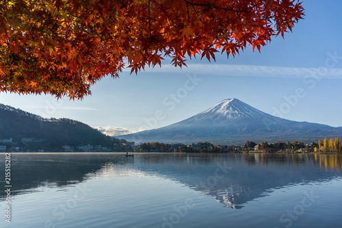 Japan Autumn Season and Fuji Mountain at beautiful sunrise and red leaves at lake Kawaguchiko,Japan. Mount Fuji is one of the best places in Japan.