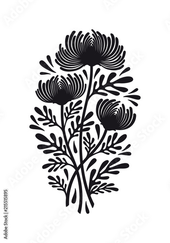 Print op canvas Flat black graphic drawing of bouquet of flowers of chrysanthemum plant with leaves and buds