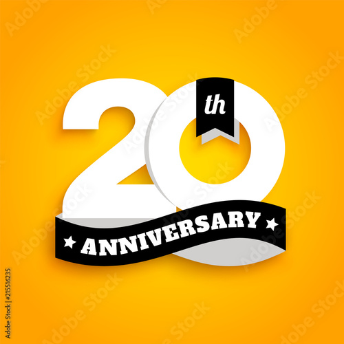 Twenty years anniversary logo with black ribbon, 20th years celebration isolated on yellow background. Vector.