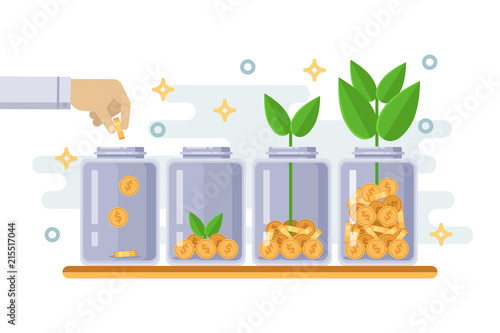 Investment and finance growth business concept. Hand putting coin in clear bottle. Vector flat isolated illustration.