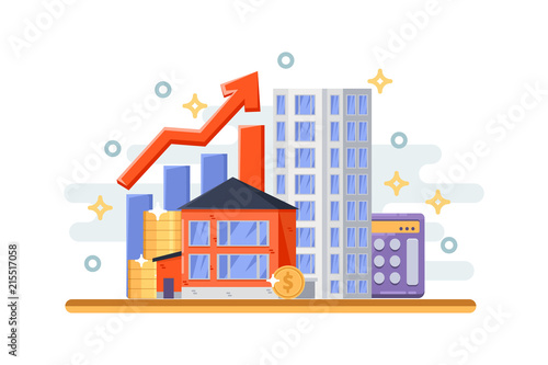 Property investment, mortgage business concept. Real estate objects, cottage house and skyscraper. Vector illustration.