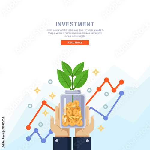 Investment and finance growth business concept. Hand holding clear bottle with coins and green tree. Vector illustration