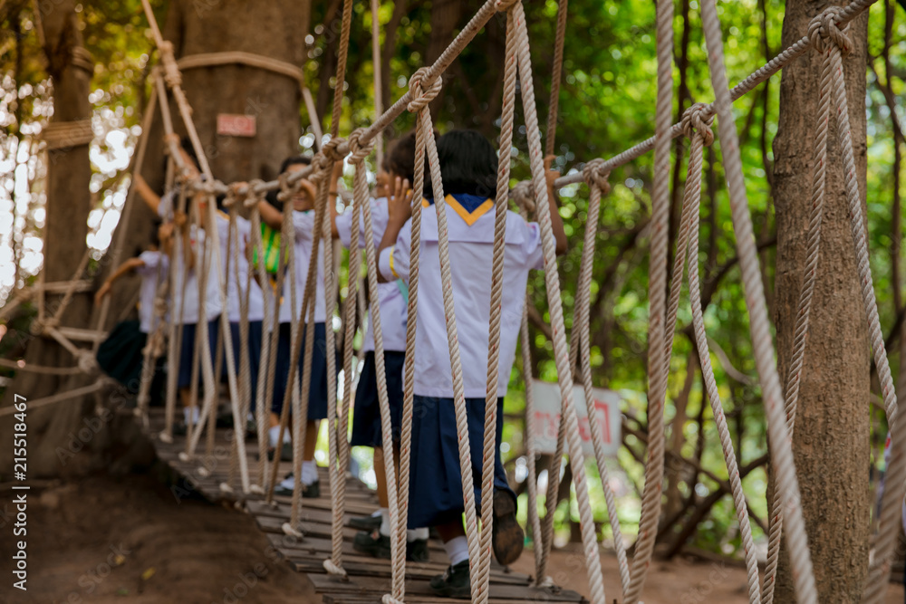 Fototapeta premium Cute student child girl walking on the hanging rope bridge across the river in the forest with fun