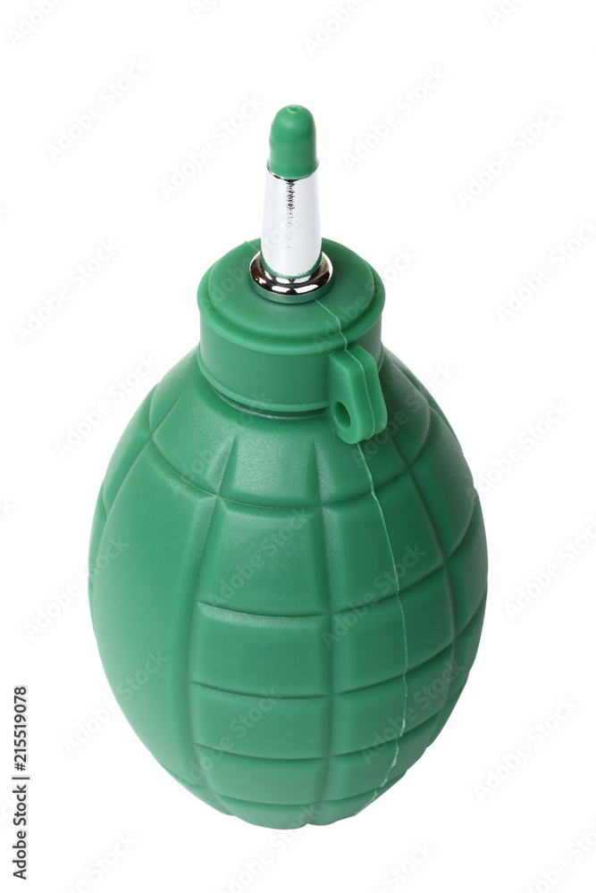 Green rubber pear to clean the optics from dust in the form of a hand grenade. Isolated on white Green rubber pear to clean the optics from dust in the form of a hand grenade. Isolated on white