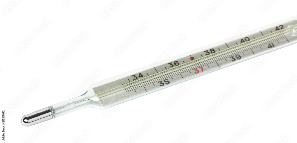 Old mercury medical thermometer close-up isolated on white background. The scale in Celsius Degrees Old mercury medical thermometer close-up isolated on white background. The scale in Celsius Degrees