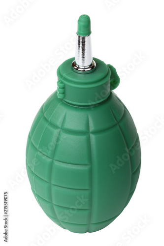 Green rubber pear to clean the optics from dust in the form of a hand grenade. Isolated on white
