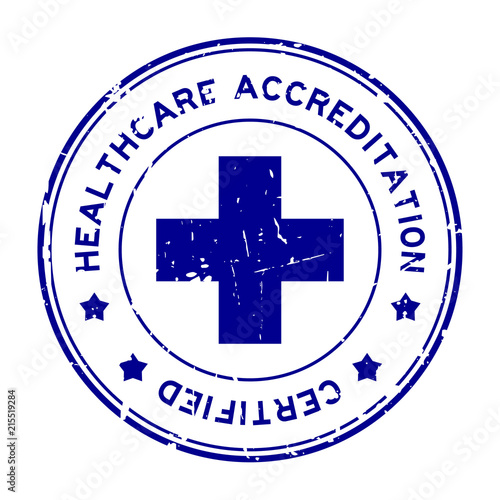 Grunge blue healthcare accreditation round rubber seal stamp on white background