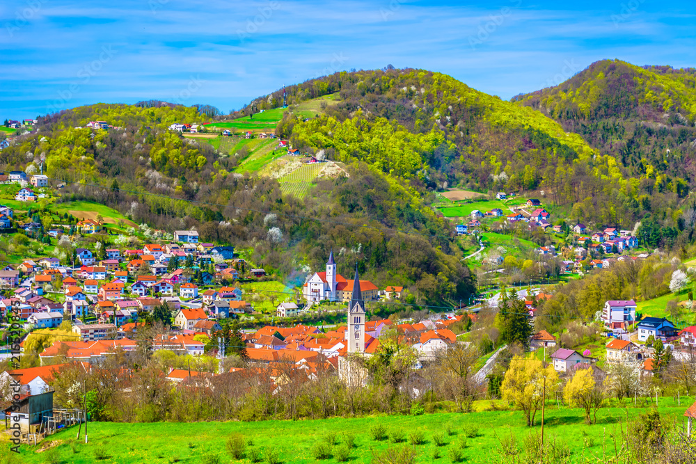 Obraz premium Krapina cityscape idyllic scenery. / Aerial view at colorful landscape in Zagorje region, famous travel destination in Croatia, Europe.