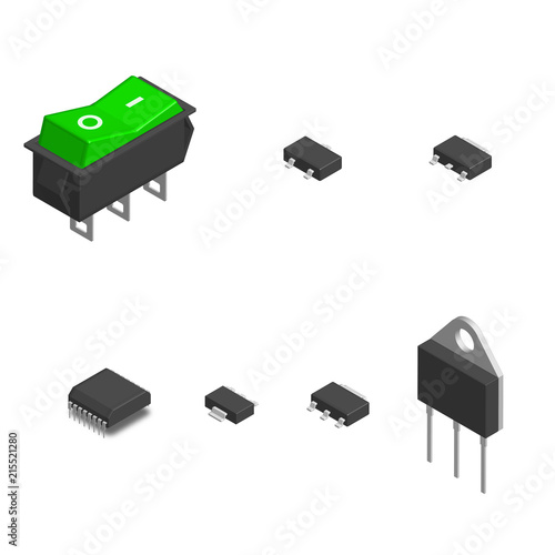 Set of different electronic components in 3D, vector illustration.