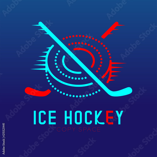 Ice hockey cross with puck logo icon outline stroke set dash line design illustration isolated on dark blue background with ice hockey text and copy space