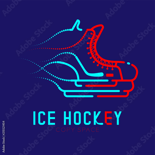 Ice hockey skate speed logo icon outline stroke set dash line design illustration isolated on dark blue background with ice hockey text and copy space