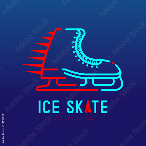 Ice skate speed logo icon outline stroke set dash line design illustration isolated on dark blue background with ice skate text and copy space