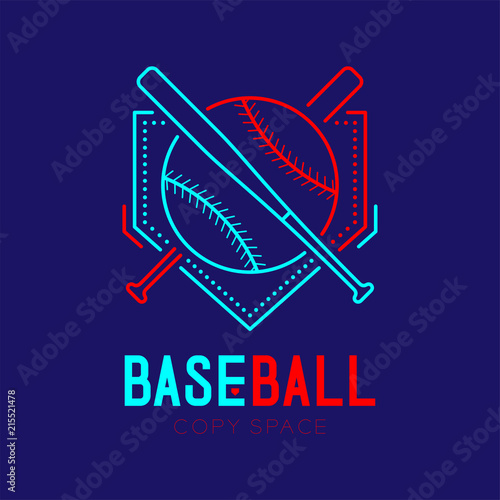 Baseball with bat and home plate logo icon outline stroke set dash line design illustration isolated on dark blue background with baseball text and copy space