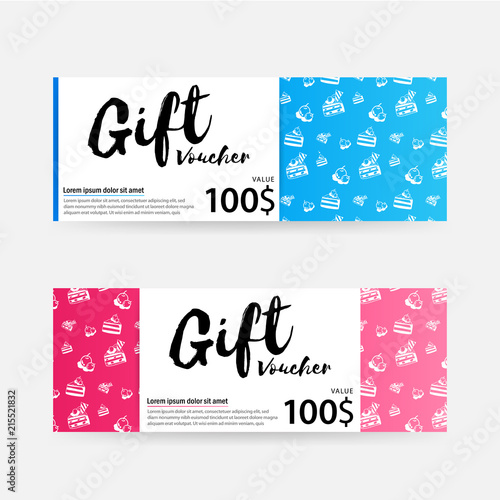 Gift Voucher. Vector business discount template with cake and cherry in blue and red colors. Hand drawn voucher card concept with desserts elements.