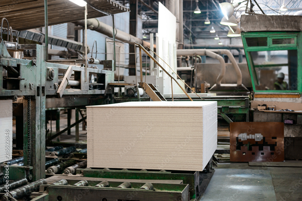 Workshop for the production of particle boards. Manufacture of chipboard, veneer, plywood, wood panels. Wood processing. Woodworking industry