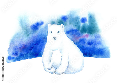 Polar bear, bear cub and northern lights. Winter landscape with animals and sky.Family. Watercolor hand drawn illustration.