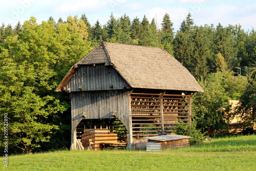 Tall wooden barn outdoor building with open lower part for storage surrounded with uncut grass, large pine trees and other vegetation on warm sunny day