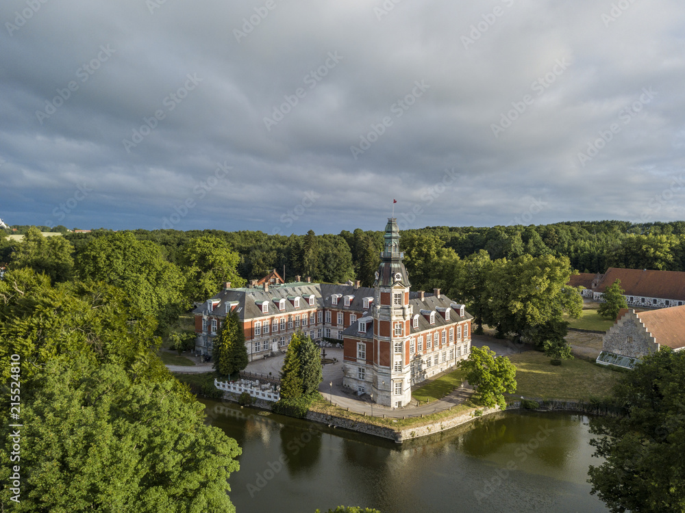 Aerial view of Hvedholm Castle near Faaborg on the island of Funen