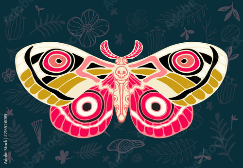 Night tropical moths hawkmoth on floral background, butterfly vector insect, vintage style, wings, flowers, skull, leaves.