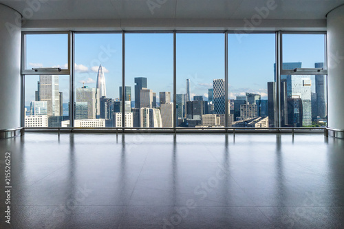 Photography interior of office building with city skyline