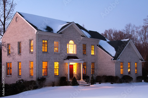 Brick House at Dusk with Snow