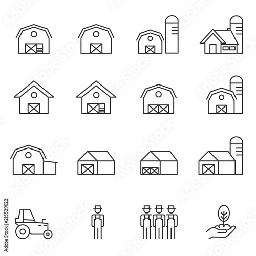 Barn Line Icons Set Vector Illustration , Farmer And Village Farm