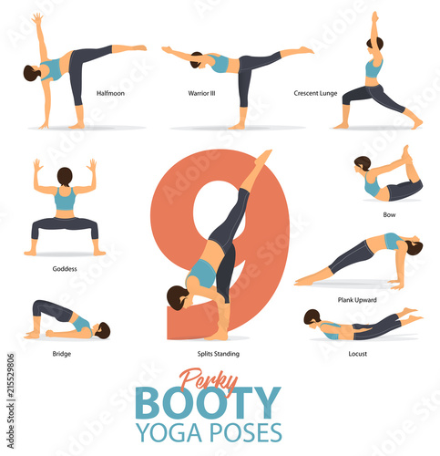 A set of yoga postures female figures for Infographic 9 Yoga poses for perky booty in flat design. Woman figures exercise in blue sportswear and black yoga pant. Vector Illustration.