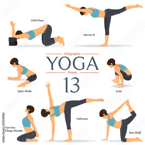 Set of 7 yoga poses in flat design. Woman figures exercise in blue sportswear and black yoga pants for yoga infographics. Vector Illustration.