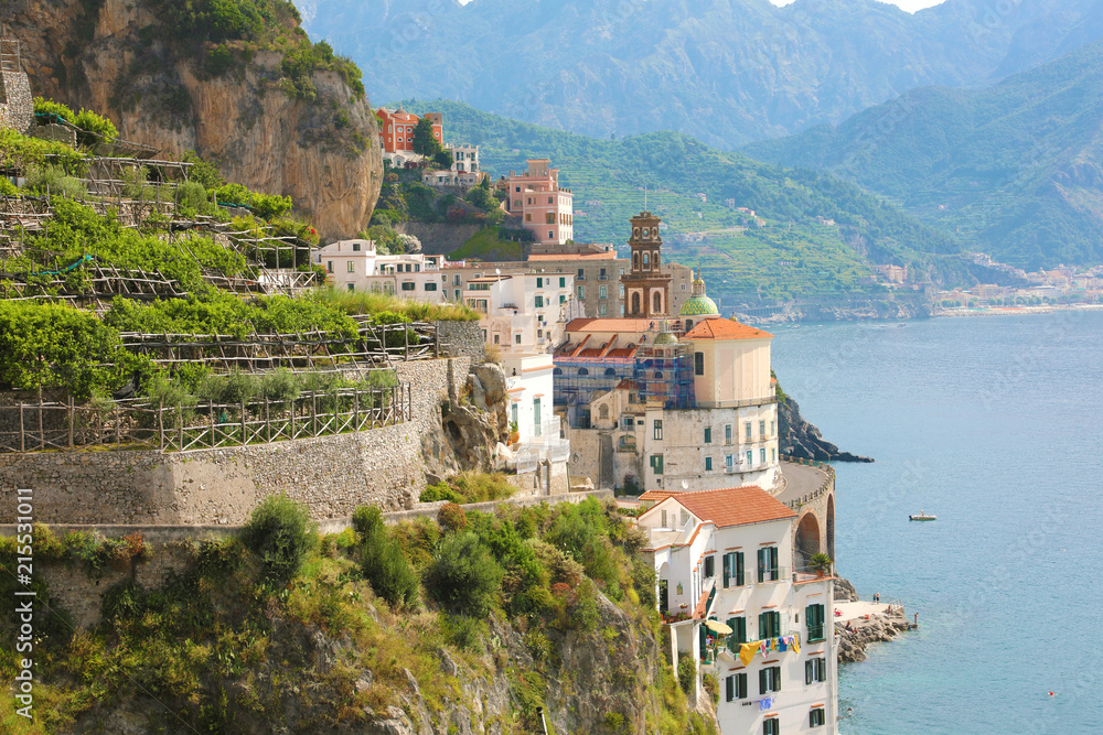 Atrani village overhanging the sea with green vineyards, Amalfi Coast, Italy