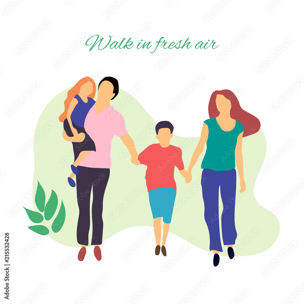 Walk in fresh air. Vector stylized illustration of active young family. Healthy lifestyle.People in the park vector flat illustration. Walk in fresh air. Vector stylized illustration of active young family. Healthy lifestyle.People in the park vector flat illustration.