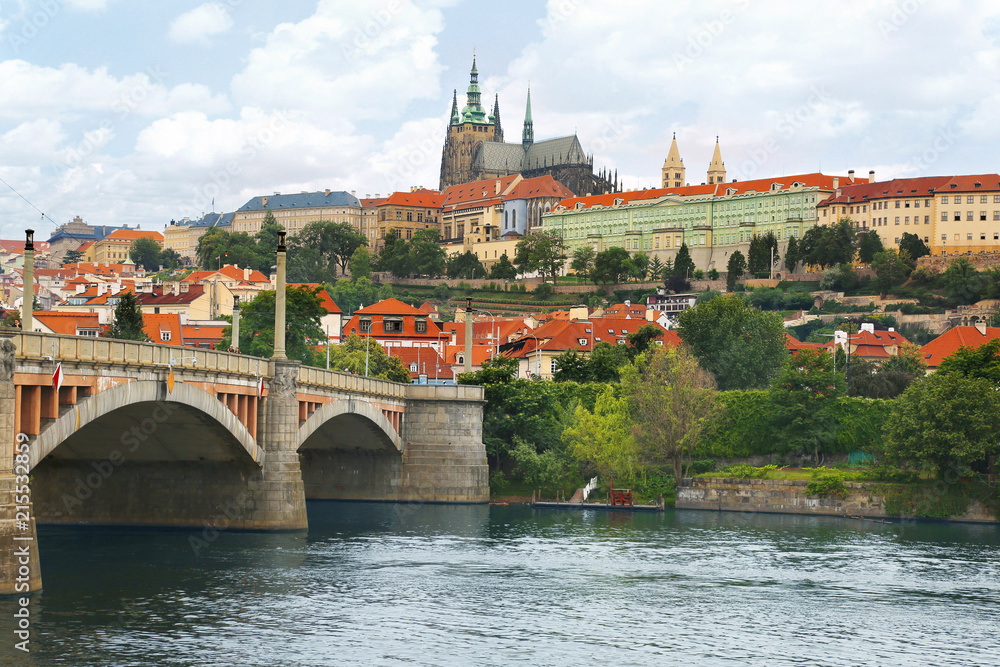 View of Prague castle across Vltava river in Prague, Czech Republic