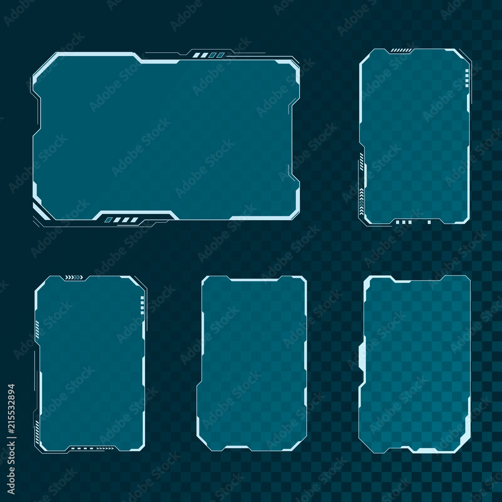 HUD futuristic user interface screen elements set. Abstract control panel layout design. Sci fi virtual tech display. Vector illustration isolated on transparent background