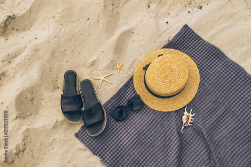 Fototapeta Naklejka Na Ścianę i Meble -  summer concept. beach stuff on sand