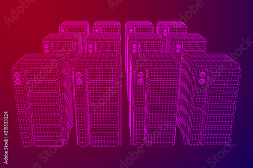 Hardware equipment telecommunication server. Data center storage room object. Computer database tower. Internet industry cluster. Wireframe low poly mesh vector illustration